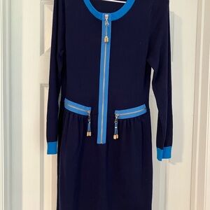 Blue Midi Sheath Dress with Crew Neck and Cuffed Sleeves